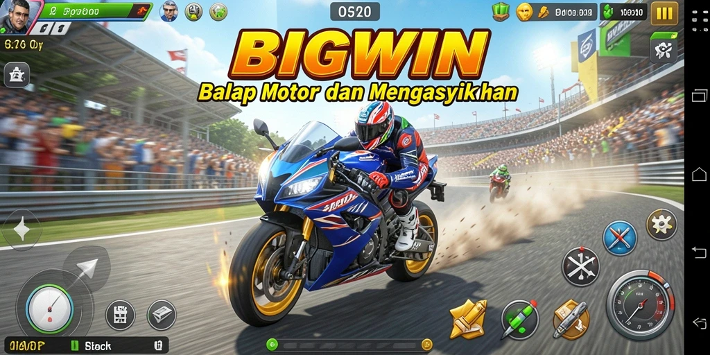 Tampilan antarmuka gameplay BIGWIN saat balapan motor.