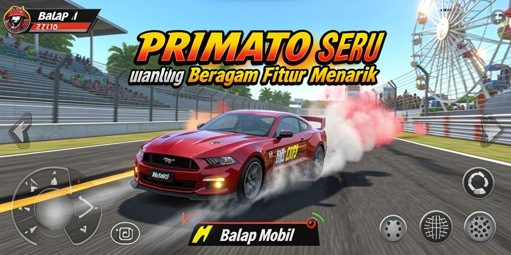 Antarmuka PRIMATOTO menunjukkan balapan mobil yang mendebarkan dan grafis yang mengesankan.