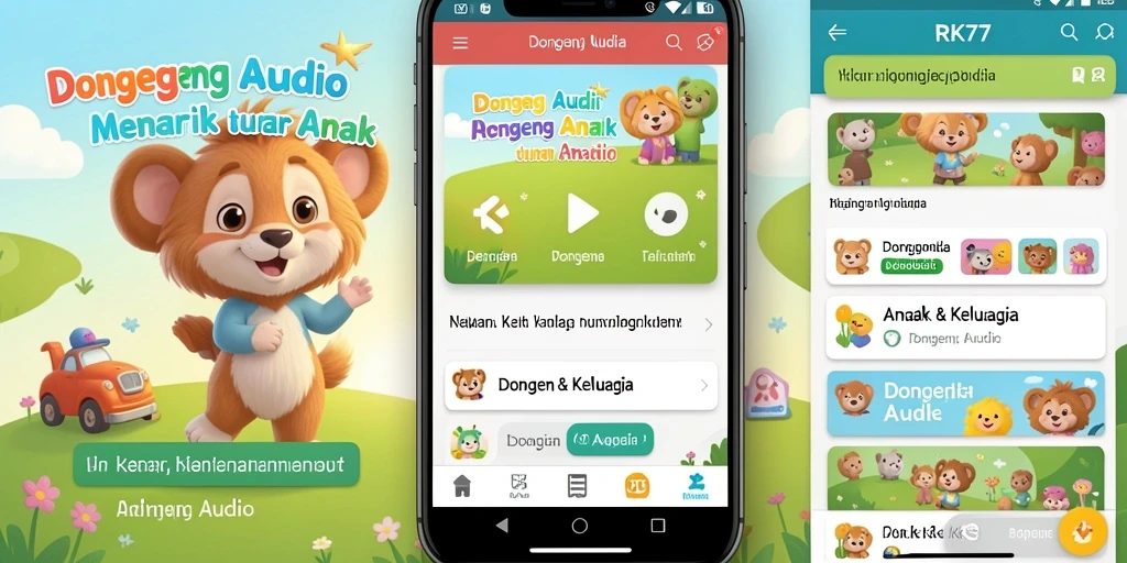 Tampilan antarmuka aplikasi RK77 menampilkan koleksi cerita dongeng audio untuk anak.
